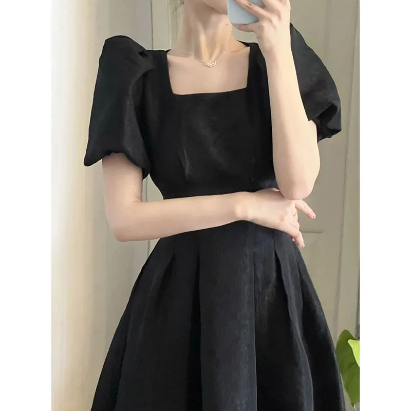 Korean Solid Puff Sleeve Dress Women White Elegant Slim Fashion Pretty Style Skirt Square Sweet Black Drape Female Clothes