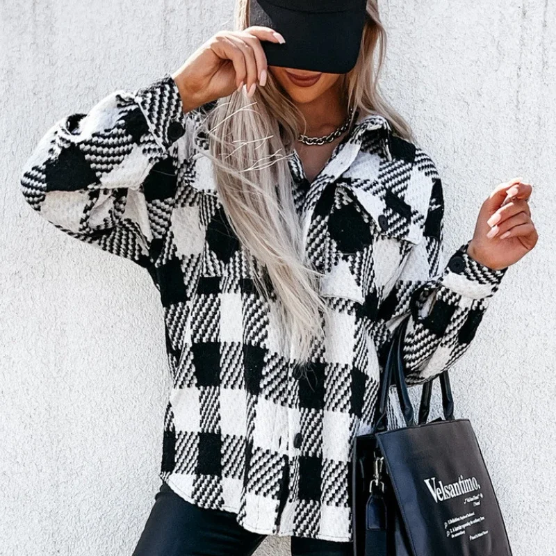 Autumn and Winter Long-sleeved 2024 Houndstooth Printed Woolen Coat Feminine Temperament Trend Women's Straight Casual Coat