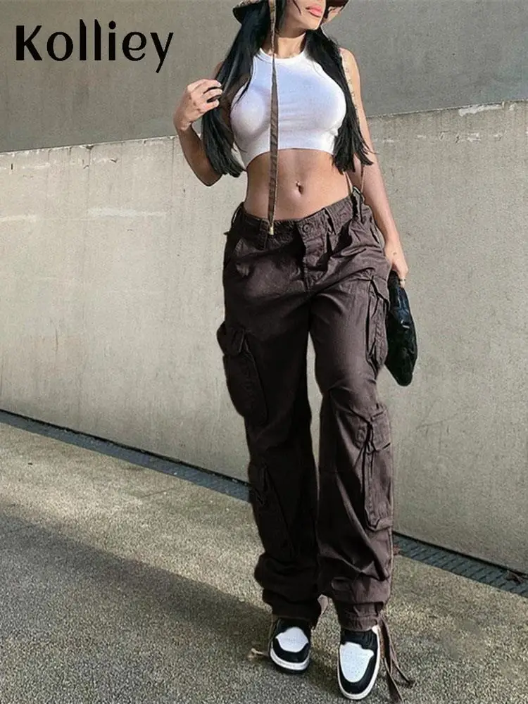 Kolliey Fall Khaki Cargo Pants For Women Streetwear 2022 High Waist Pockets  Baggy Casual Pants Ladies Straight Long Trousers