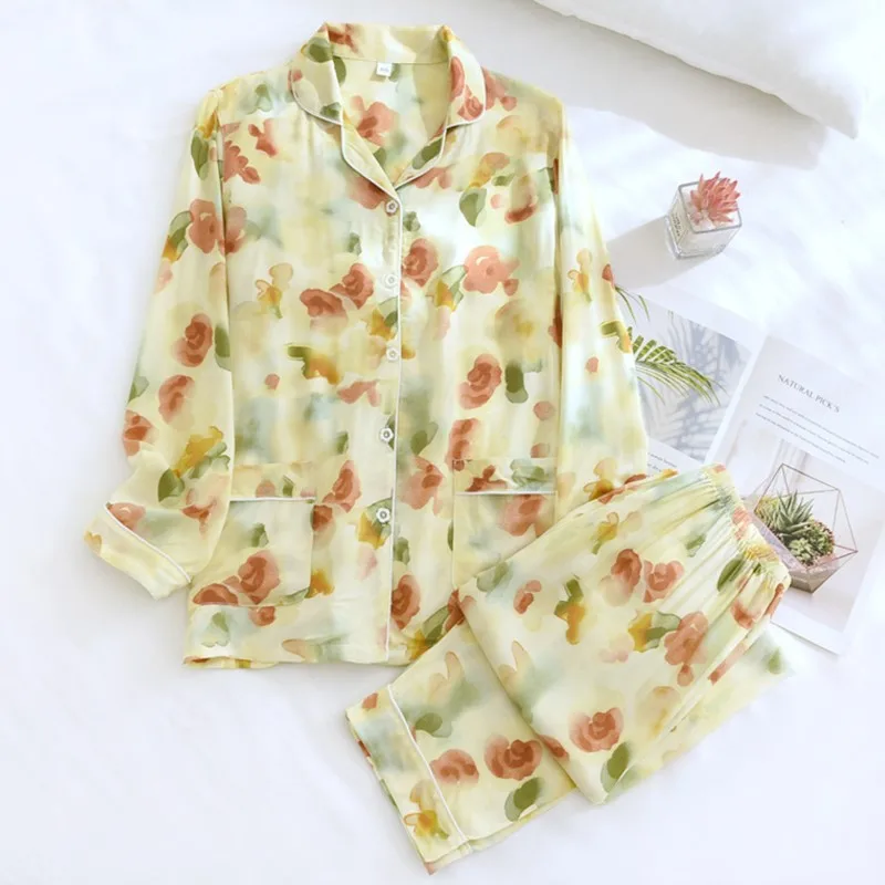 Fresh Floral pajamas sets women sleepwear cozy 100% Viscose Fashion sexy long sleeve two piece homewear plus size