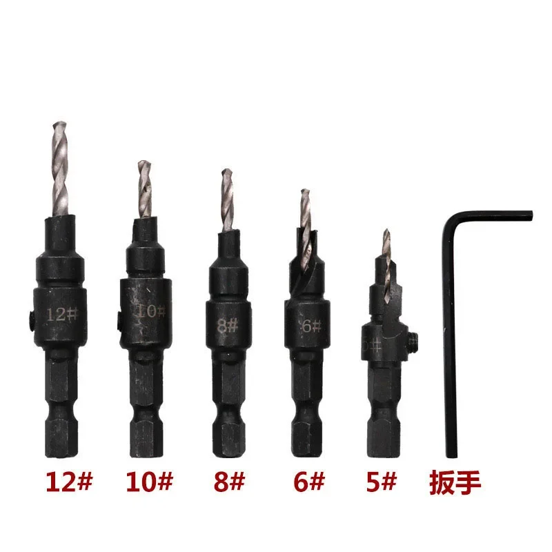 

4/5pcs Countersink Drill Bit Set Wood Tools Woodworking Drill Bit Pilot Holes Hex Shank Screw Size #5 #6 #8 #10 #12 with Wrench