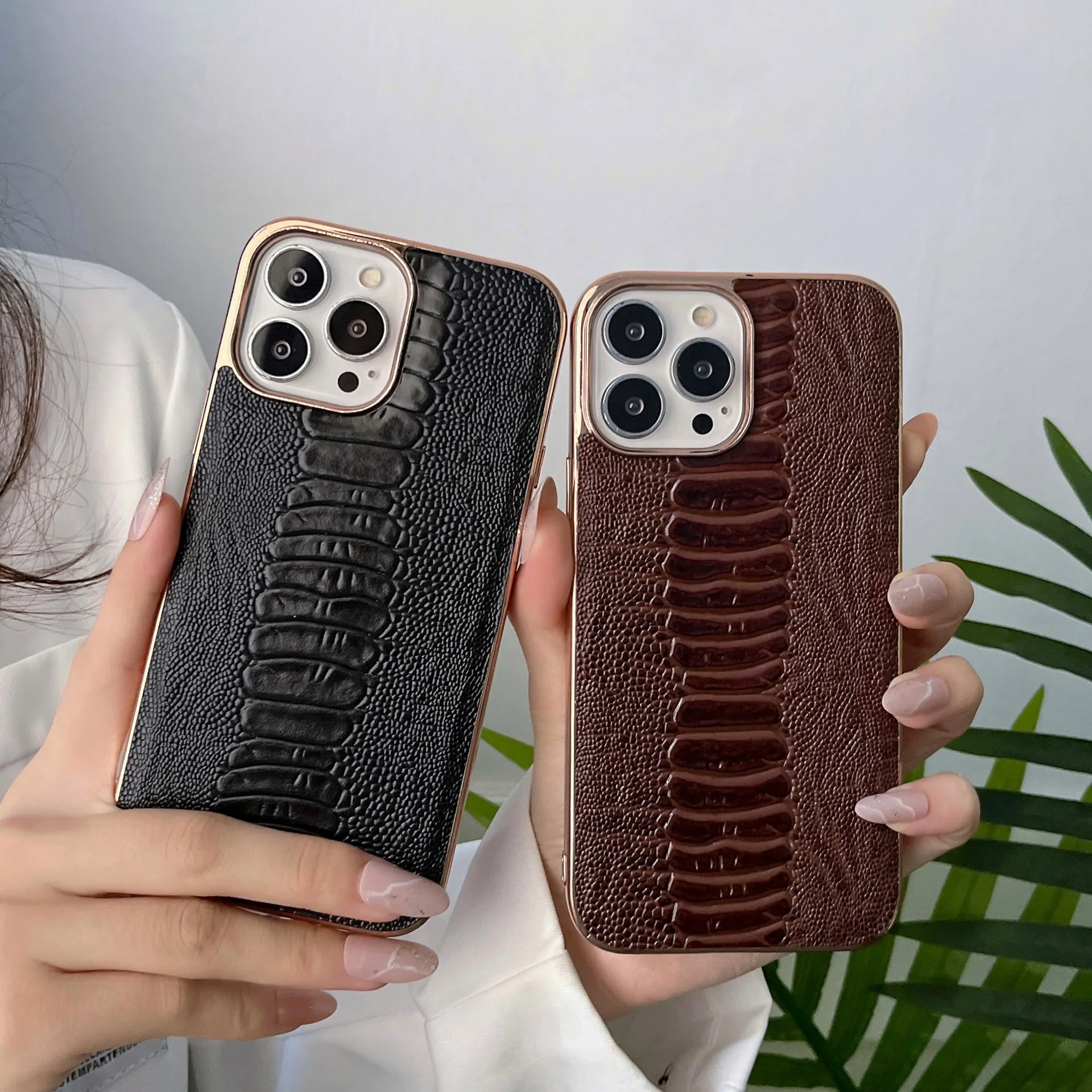 

Luxury Leather Phone Case For iPhone 14 Plus Electroplated Cover For 13 12 Pro Max Genuine Cowhide Plating Soft Silicone Funda