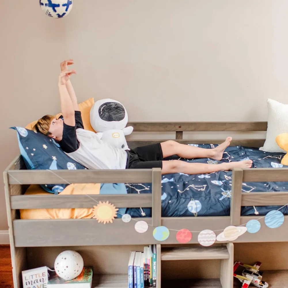 Modern Farmhouse Low Loft Bed, Twin Bed Frame for Kids with 2 Bookcases, Driftwood  Wooden Bed Bunk Beds for Kids 6