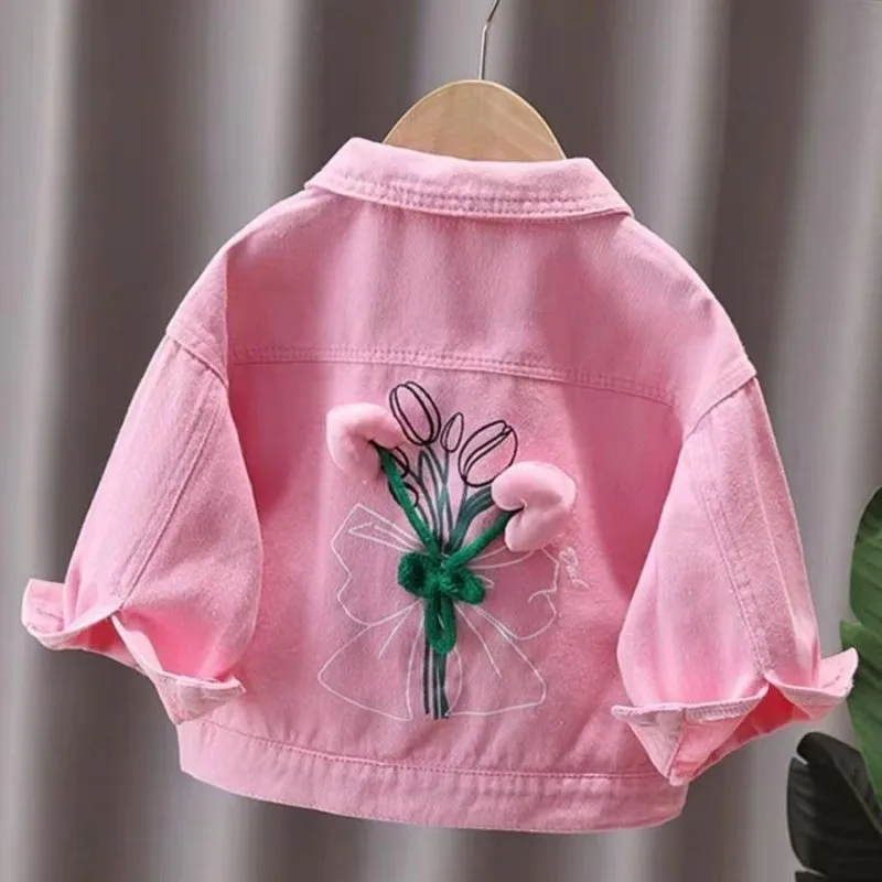 

Girls Spring and Autumn Jackets 2024 New Coat Fashionable Girl Baby Cute Back 3D Small Flower Pink Denim Coat Girls Top 3-11 Y