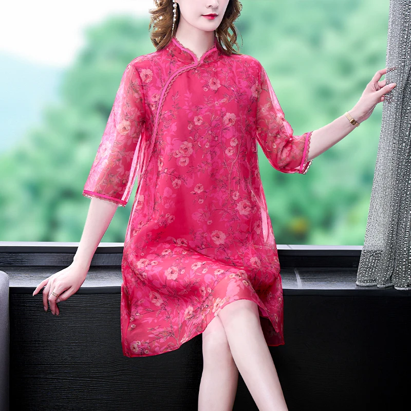 

Silk Organza Dress 2022 Spring/Summer Mulberry Silk Chinese Long Style Retro Improved Cheongsam Chinese Style