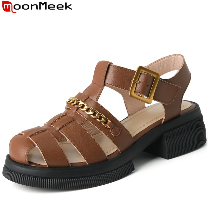 

MoonMeek 2022 New Square Med Heels Shoes Retro Genuine Leather Buckle Sandals Woman Ladies Simple Platform Sandals