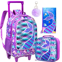 3PCS Rolling Backpack for Girls Kids Roller Wheels Bookbag with Lunch Bag Pink Fishtail Glow-in-the-dark Function 1