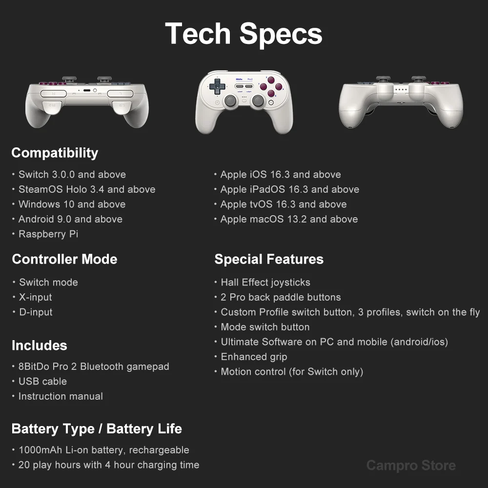 8Bitdo Pro 2  Ʈѷ  е, Ȧ ȿ ̽ƽ, ٵ ġ PC  10 11  ȵ̵