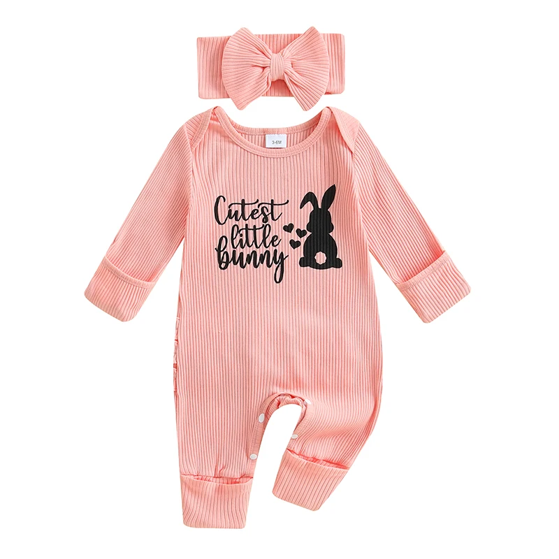 Baby Girls Rompers Easter Clothes Letter Rabbit Print Frills Infant Bodysuits Jumpsuits with Headband