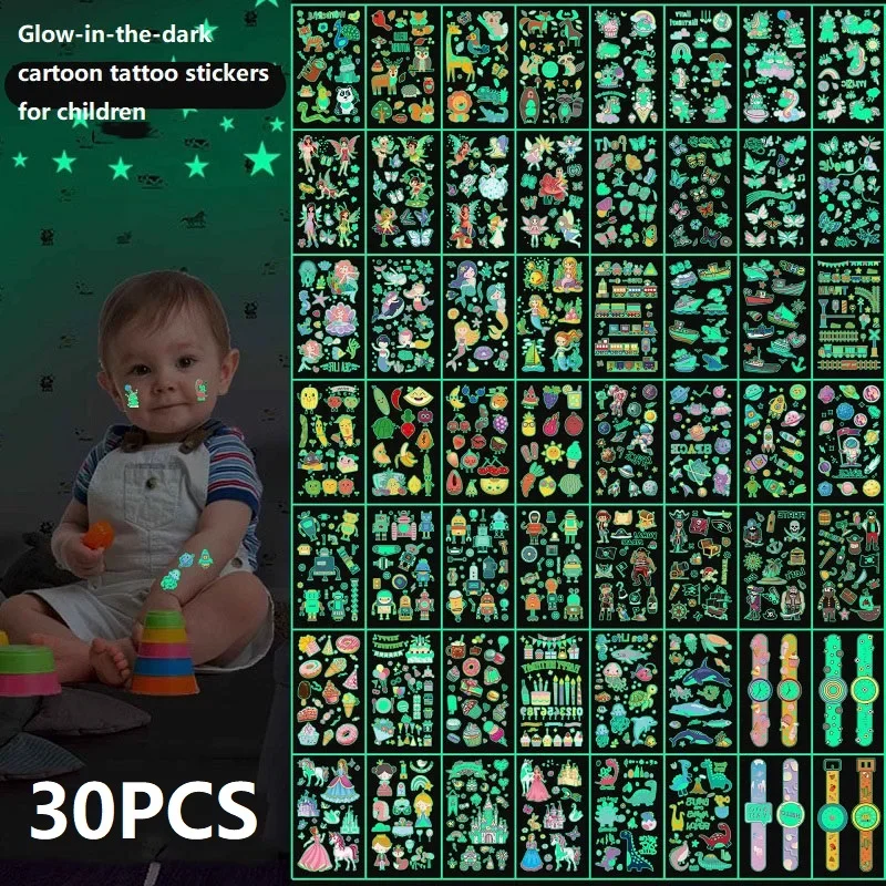 Tattoo Sticker Temporary Tattoos 30PCS Waterproof Tattoos for children Kids Self-adhesive Stickers Glow in The Dark Tattoo Stickers Transfer Tattoos