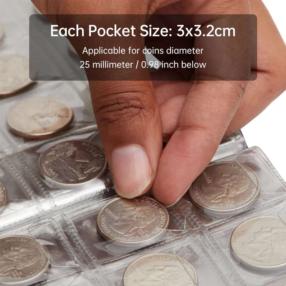 Coin Collection Holder Book 240 Pockets Transparent PVC Penny Collection Album Display for 25mm/0.98 Inch Coin