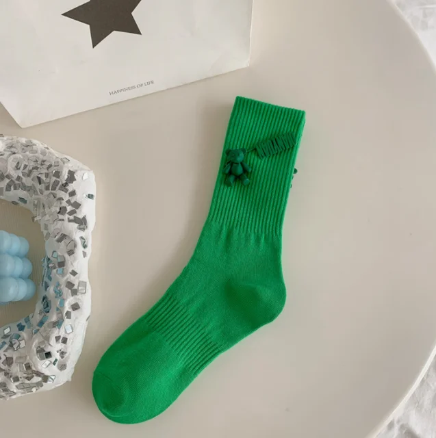 Black and White Pure Color Tube Socks Female Pin Bear Lovely Personality Tide Socks INS Korean Students Long Tube Cotton Socks 5