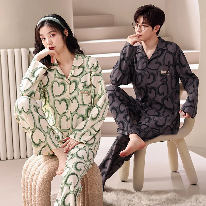 Korean Couple Pajamas Set 95% Cotton Homewear Fresh Style Long Sleeve Sleepwear New Autumn Pj Set For Lover Pijamas Mujer Suit