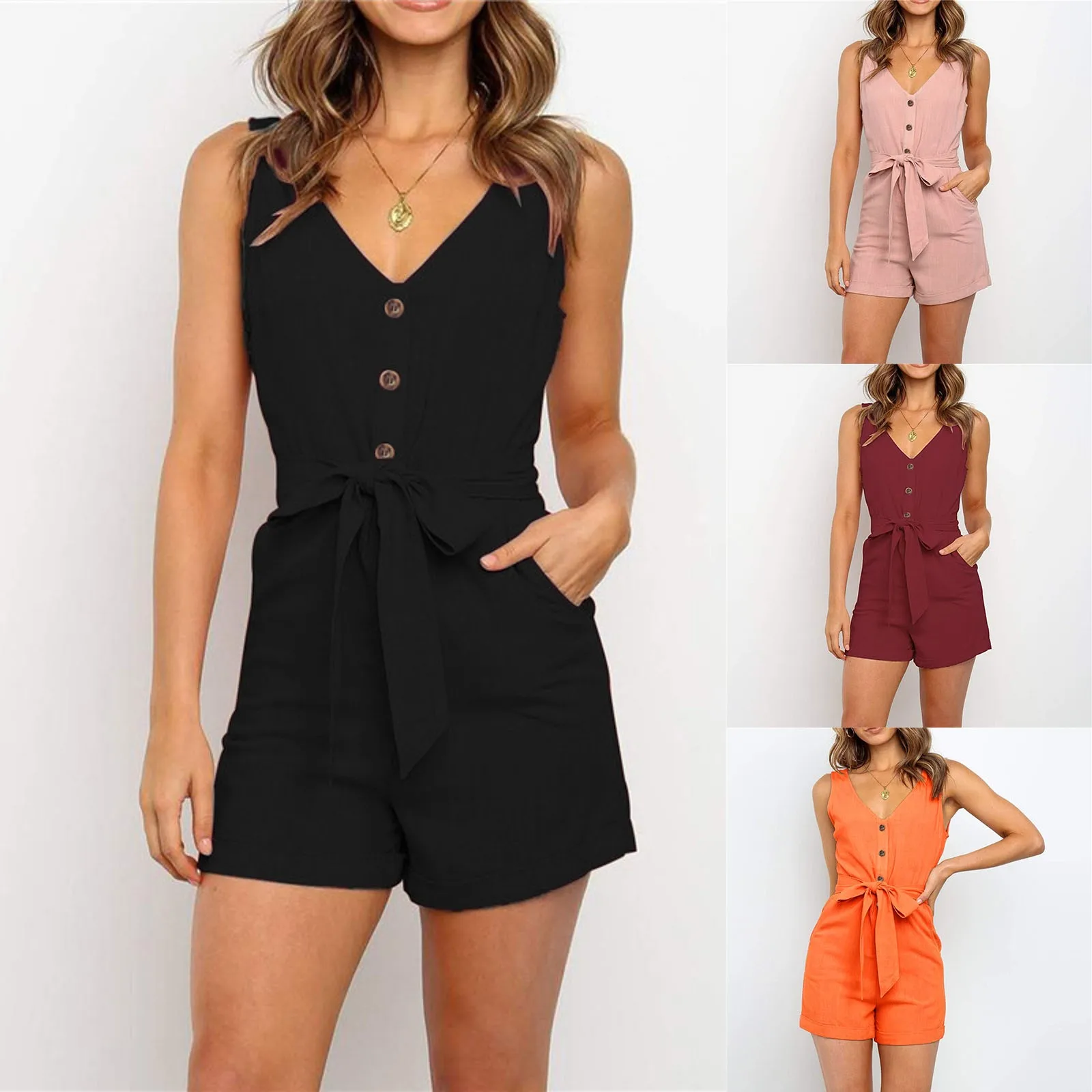 

Women Dress Jumpsuit Europe And The United States New Comfortable V Neck Button Loose Cotton Short Dress Bodysuit