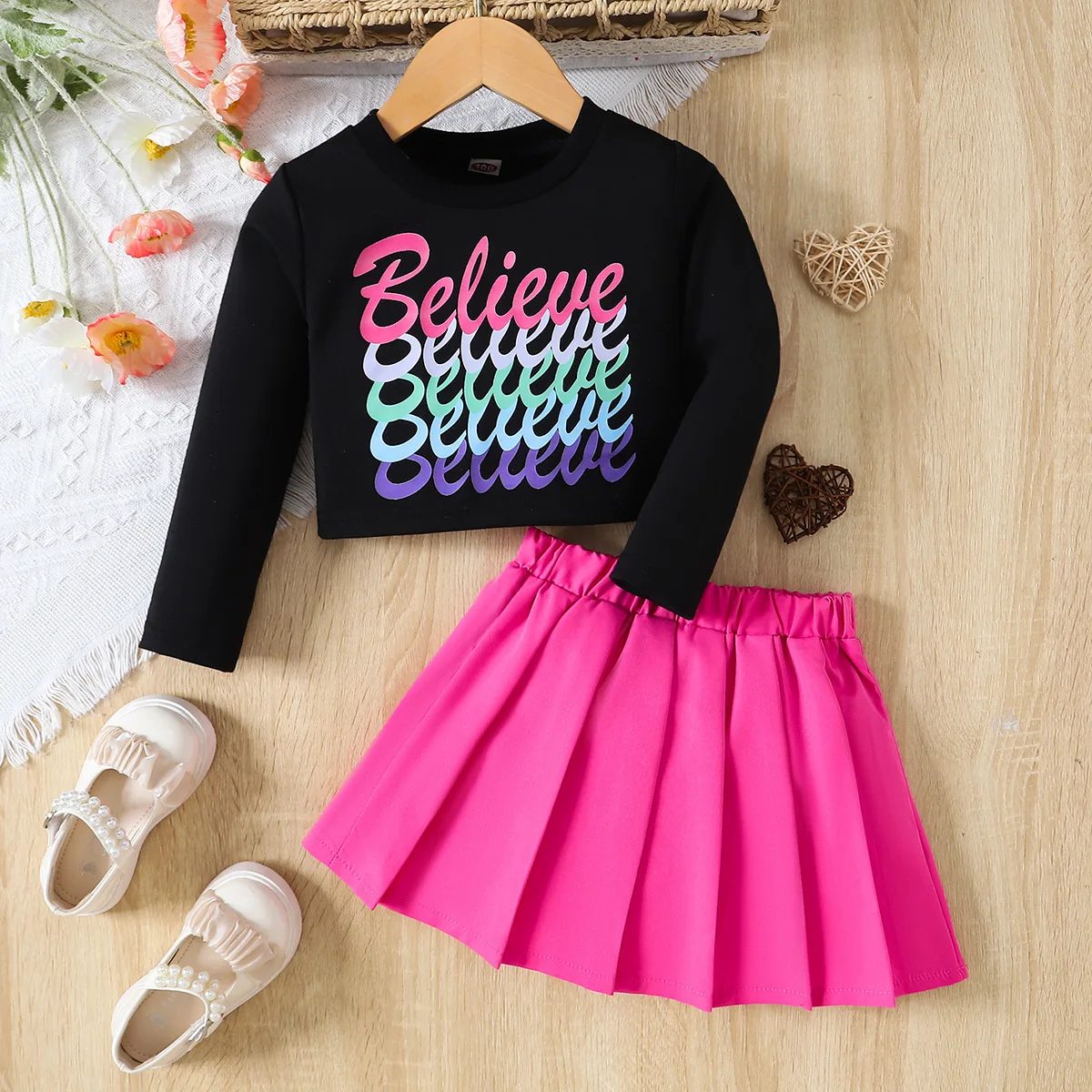 

New Clothing Set Girls Long Sleeve O Neck Letter T-shirt Rose Red Skirts Cute 2 Pcs Sets Casual Girls Clothes Sets 18M-6T
