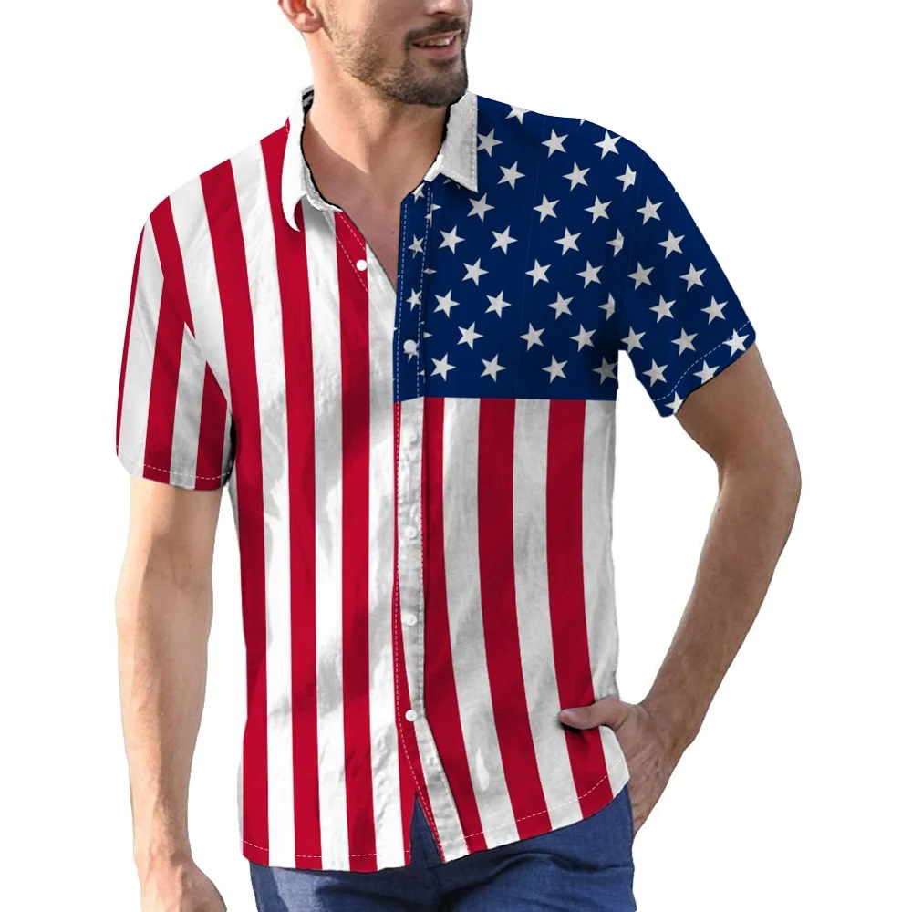 American Flag Design Digital Print Men's Shirts Short Sleeve Button Down Shirt Resort Vacation Man Tops Summer Men Clothing