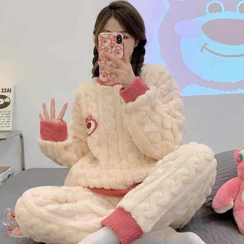 

Новая зимняя теплая женская пижама с длинным рукавом, плотная Женская одежда для сна, комплект из двух предметов, Флисовая теплая женская зимняя Пижама