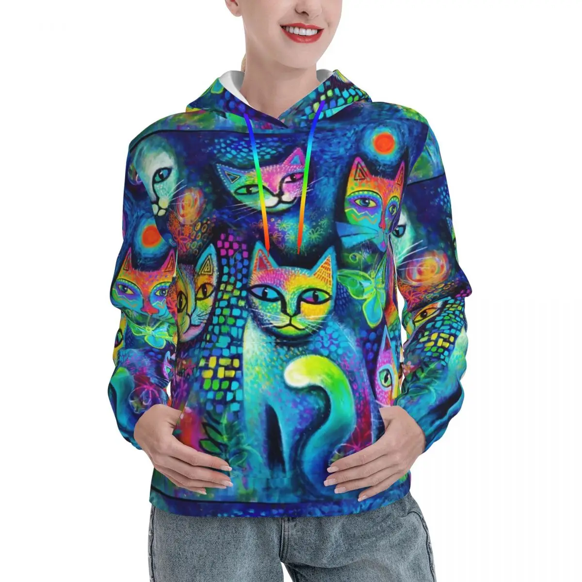 

Красочные коты Magicats повседневные толстовки абстрактное искусство Женская Весенняя уличная мода с длинным рукавом пуловер оверсайз Толстовка