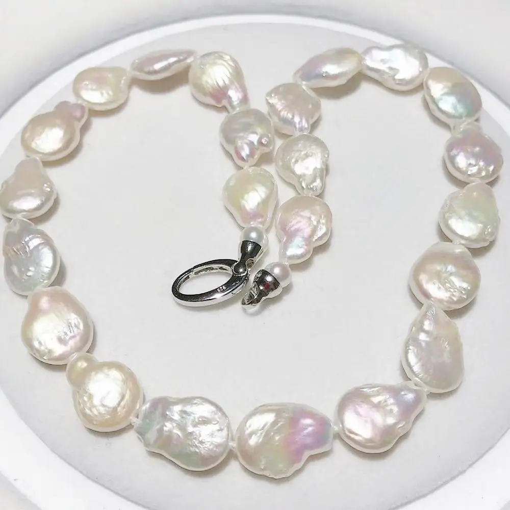 New natural freshwater pearl 12 -13mm white reborn keshi irregular pearl Pearl necklace 925 sterling silver clasp