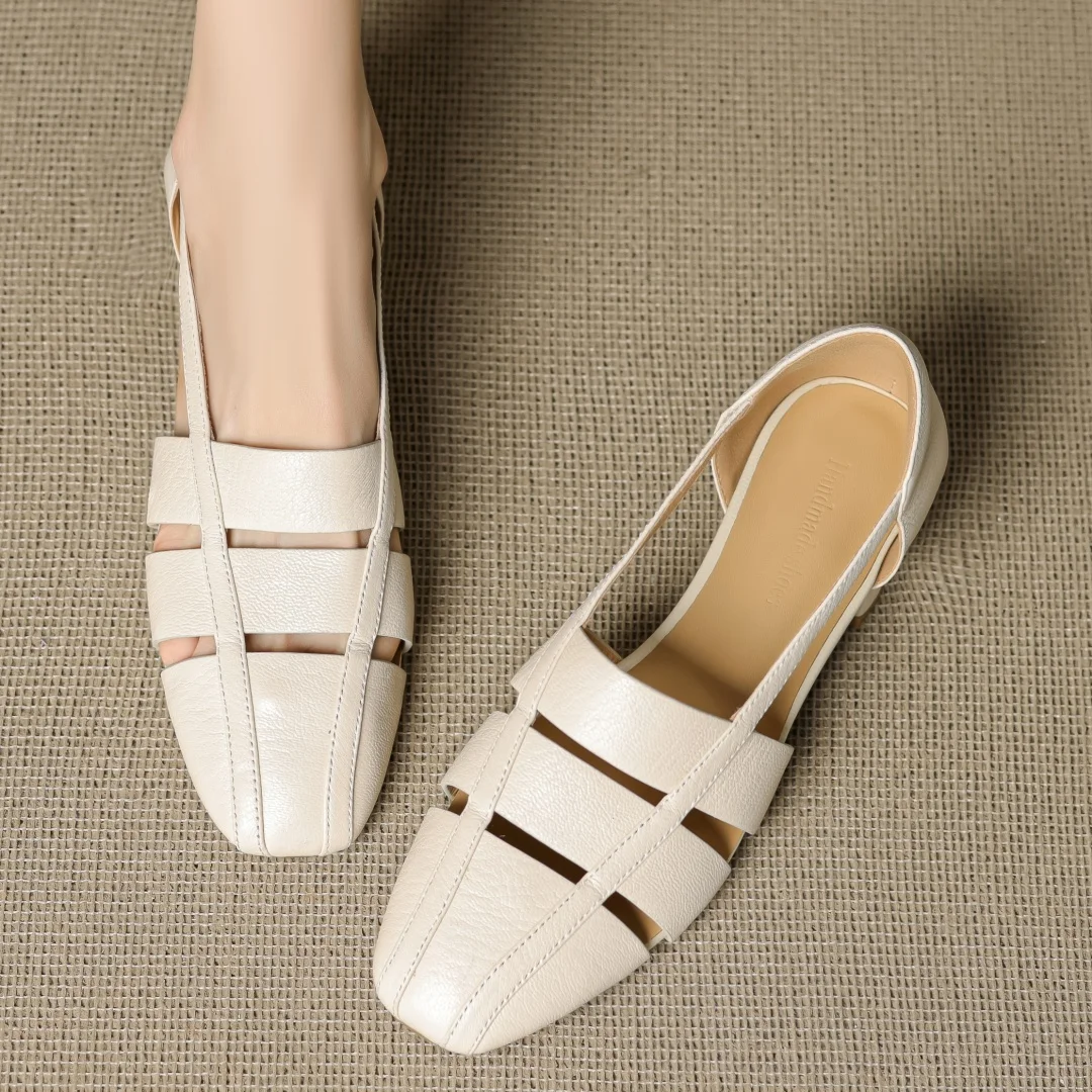 Women's sheepskin narrow band patchwork hollow-out square toe slip-on flats high quality soft comfortable casual summer shoes