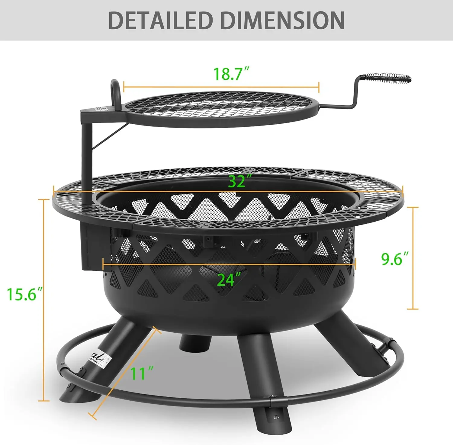 Wood Burning Fire Pit with Quick Removable Cooking Grill, Black, 32in, portable fire pit