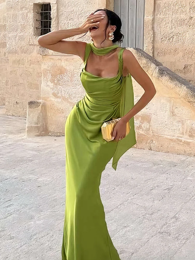 Nibber Eleganter Einfarbiger Schal+Kleid für Damen mit Reißverschluss, Falten, Glatter Quadratischer Kragen, Ärmellos, Rückenfrei, Abendkleid, Modisches Partykleid