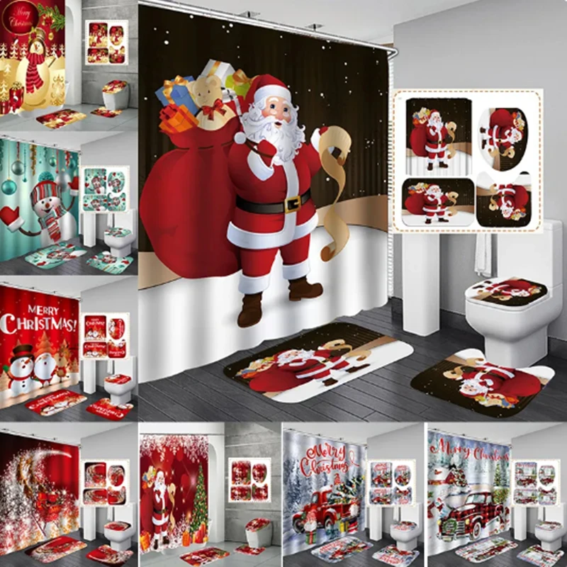 Merry Christmas Bathroom 4Pcs Set Snowman Santa Claus Pattern Waterproof Shower Curtain Toilet Cover Mat Non Slip Rug Home Decor