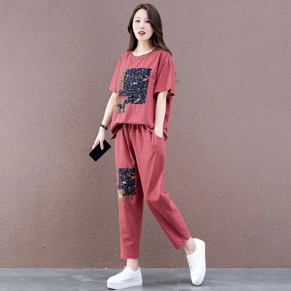 

2Pcs/Set Fashion Leisure Tracksuit Elastic Waistband Comfortable Sport Outfit Summer Printing Mid-aged Mother Outfit