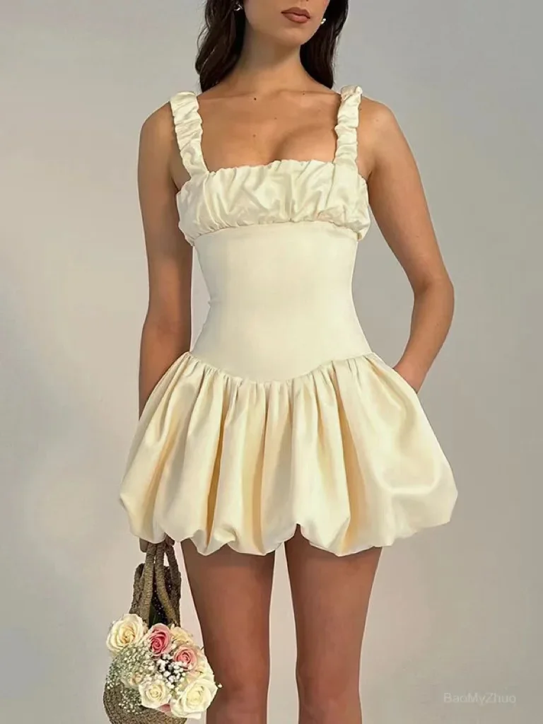 

2024 Elegant Satin Corset Mini Dress For Women Fashion New Spaghetti Strap Sleeveless Backless A-line Club Party Sexy Dress