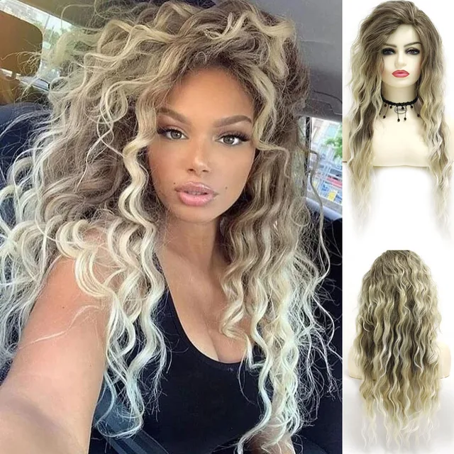 GNIMEGIL Synthetic Long Curly Wigs for Women Ombre Blonde Wig with Bangs Costume Wig for Girls Sexy Blond Wigs with Dark Roots Ombre Blonde