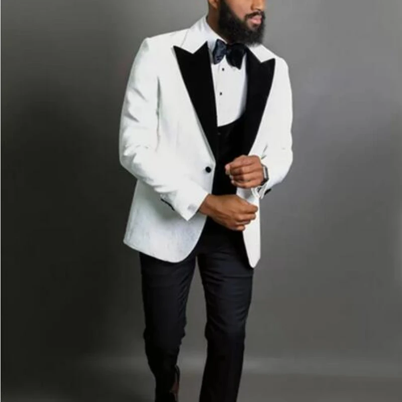 

White Floral Suits Tuxedos for Men Wedding Prom Groomsmen Male Fashion Suit Blazer African Fashion Costume (Jacket+Pants+Vest)