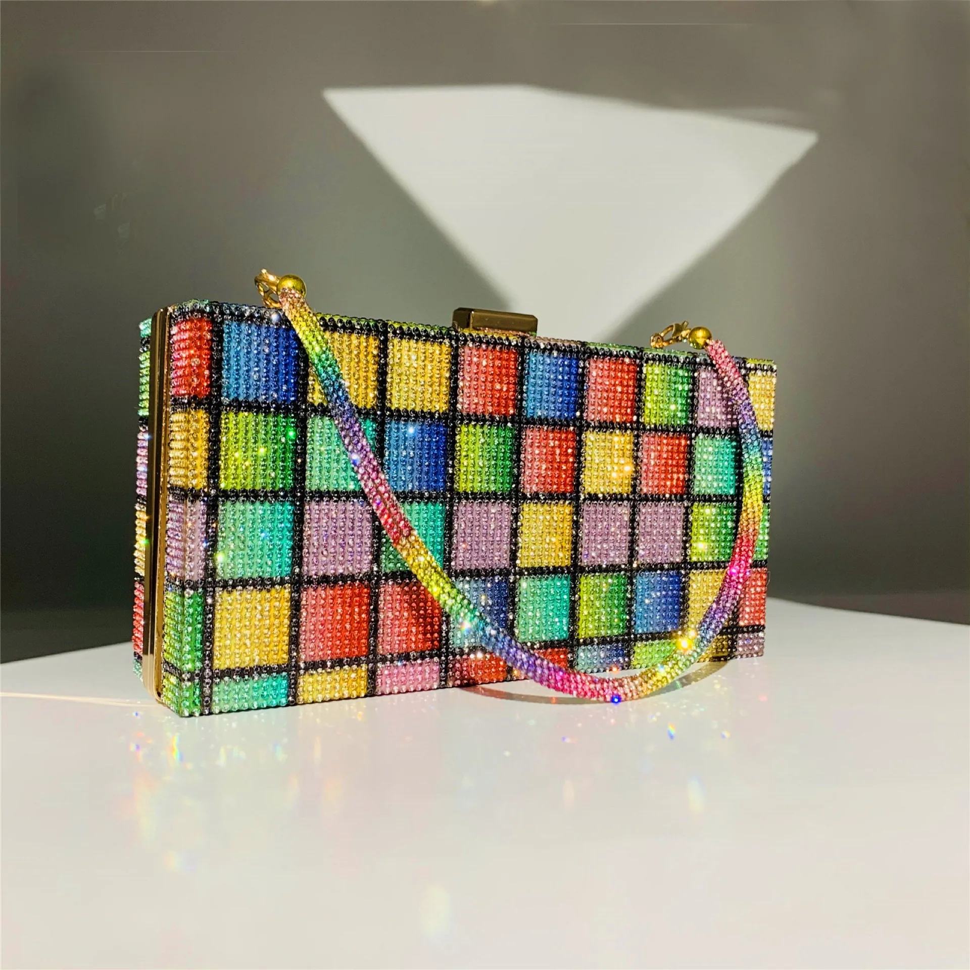 Rainbow Rhinestone Evening Clutch Handbag Money Purse Sparkling Bling Crystal Crossbody Shoulder bags Wedding Cocktail Party Bag