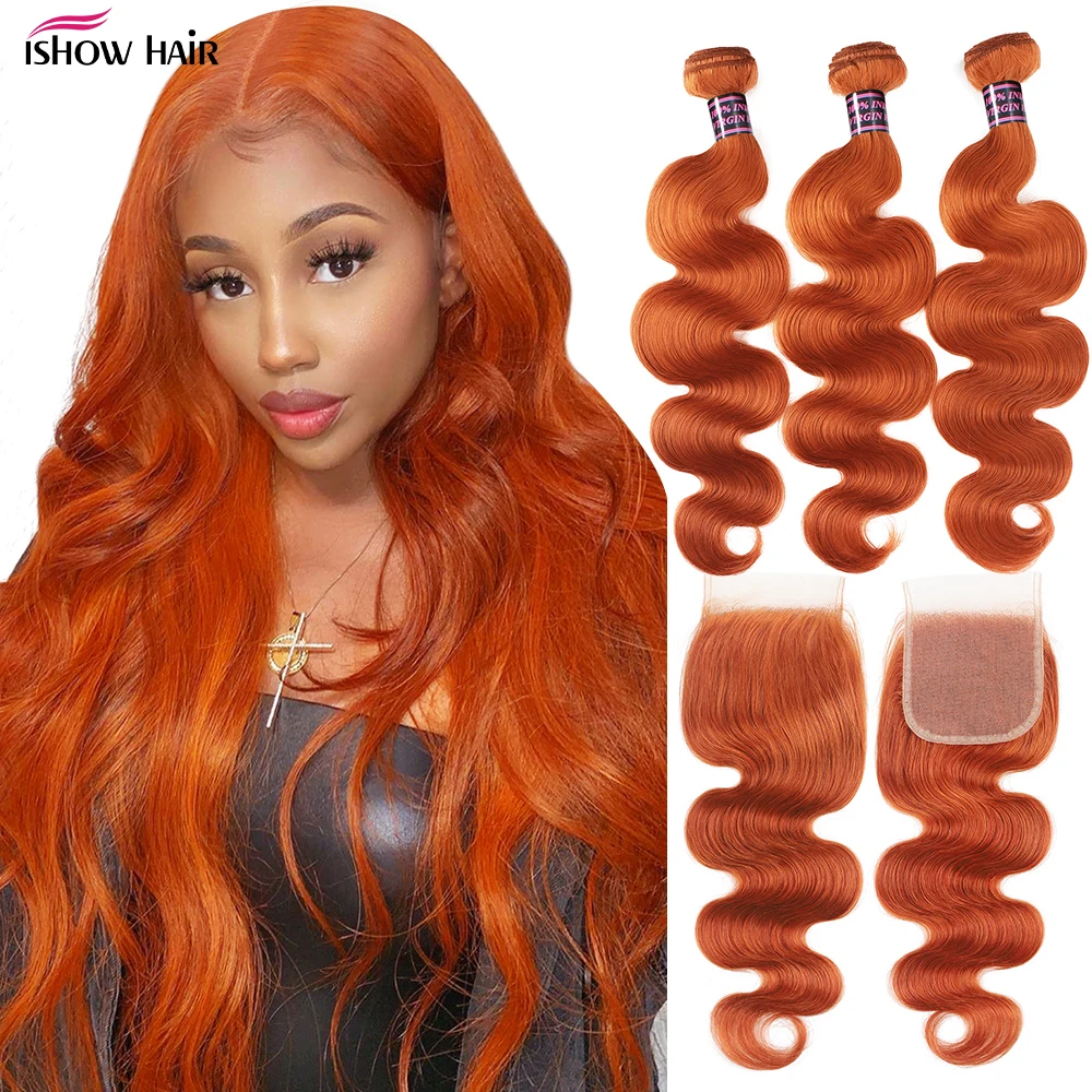 

Ishow Ginger Human Hair Bundles With Closure Body Wave Bundles With Closure Colored Hair Bundles With 4x4 Lace Closure For Women