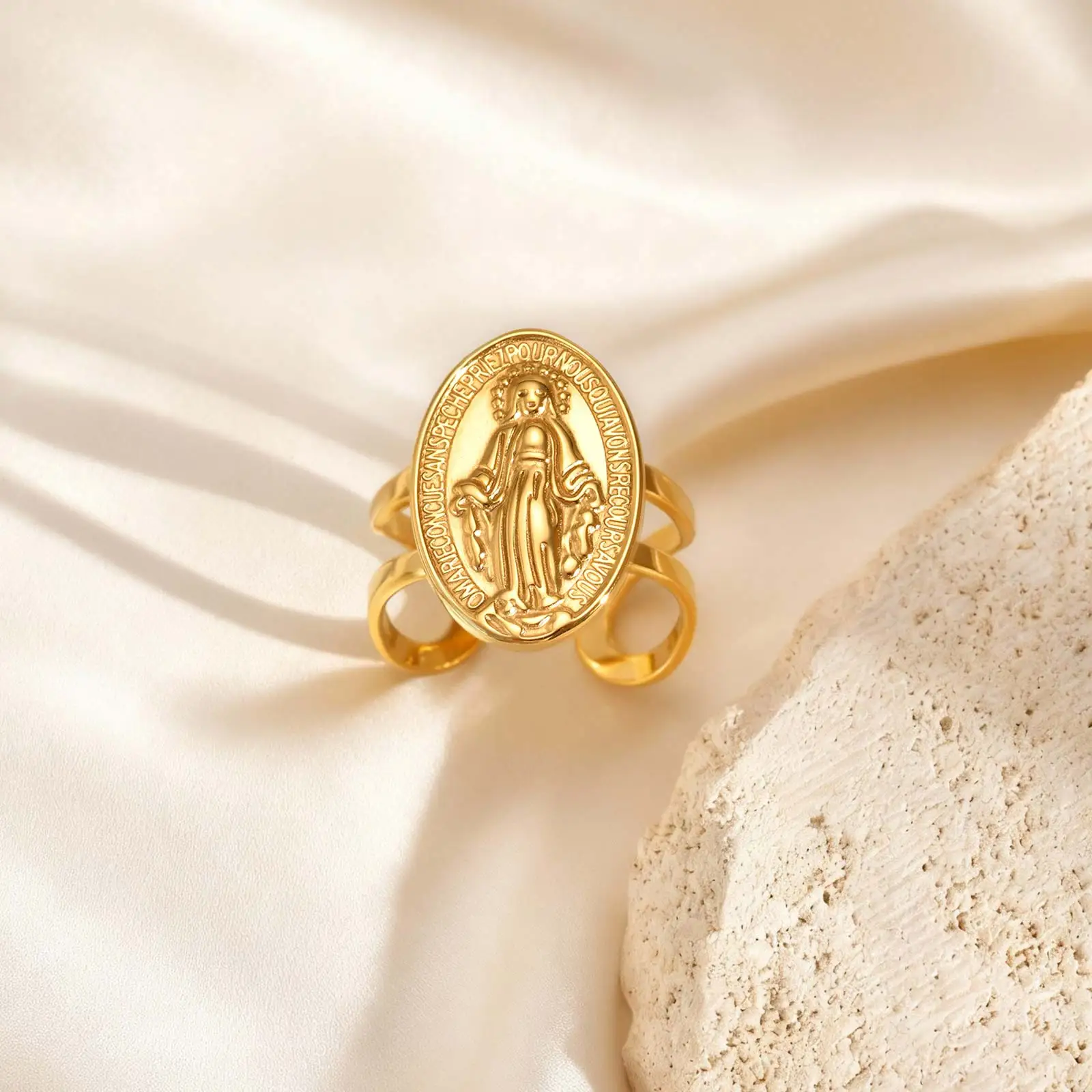 Vintage Jungfrau Maria Edelstahl vergoldet weit offene Ringe für Frauen Luxus Persönlichkeit Fingerring Metallschmuck