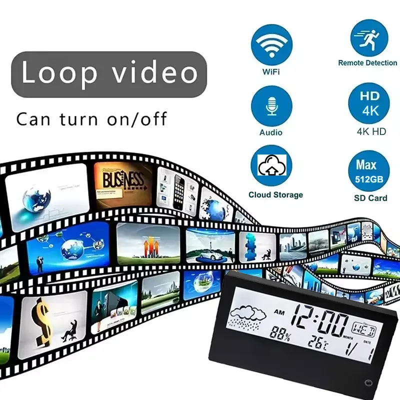 4K HD Electronic LED Clock Camera Smart Digital Mini Wi-Fi Camcorder Home Temperature Humidity Weather Display Video Recorder