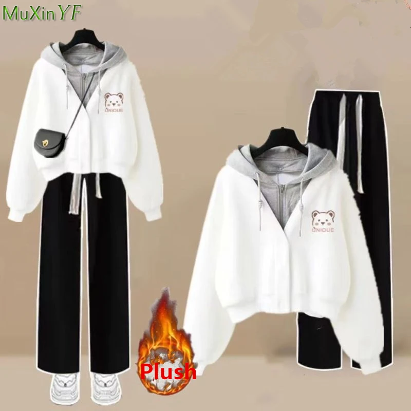 

Women Autumn Winter Plush Short Sweatshirt Pants 1 or Two Piece Set New Korean Casual Cute Bear Hooded Jacket Trousers Outfits