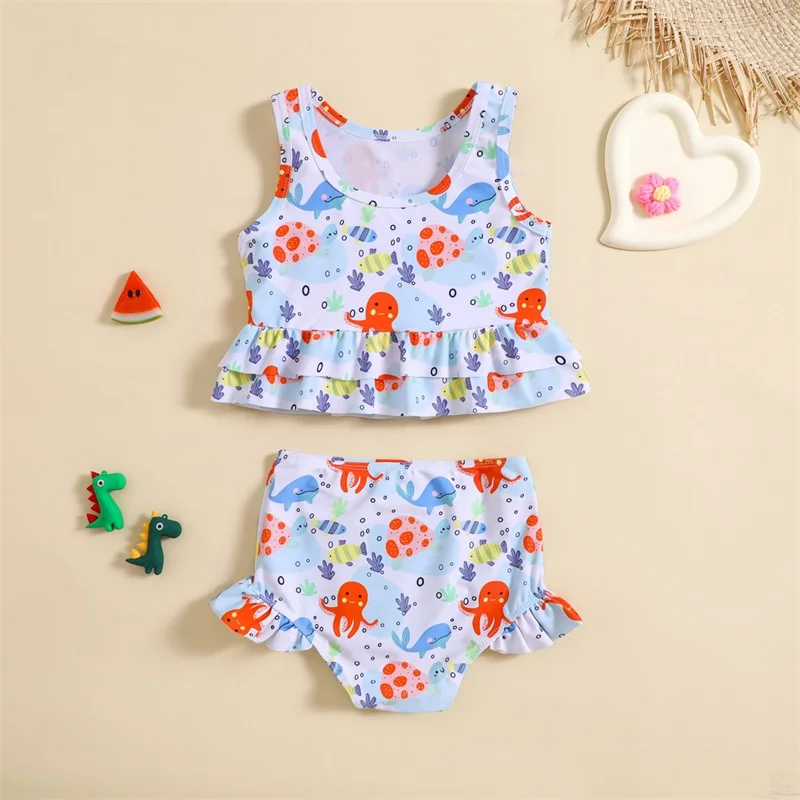

Toddler Girls Two Piece Swimsuit Ruffled Ocean/Flower/Dinosaur Tank Top + Shorts Bikini Set Beach Wear Summer Printed Swimsuit