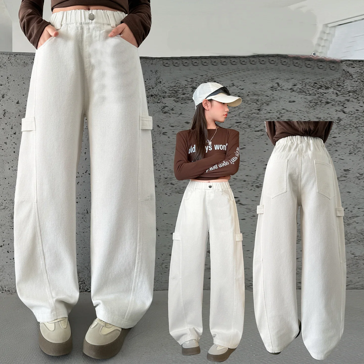 새로운 키즈 디자이너 화이트 곡선 청바지 십대 소녀를위한 코튼 패치 워크 데님 바지 어린이 봄 가을 세련된 바지