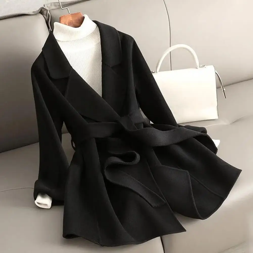 

Women Mid-length Coat Stylish Belted Mid Length Winter Coat with Lace Up Detail Slim Fit for Women Warm Lapel Cardigan for Fall