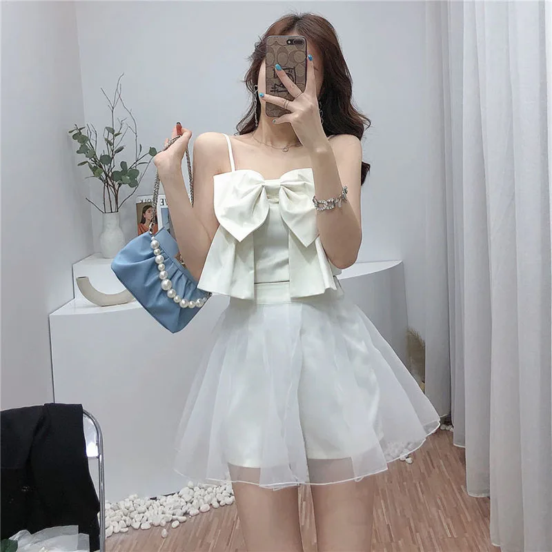 2022 Summer New fashion Women'Two Piece Set Sexy Patchwork Bow  Vest Square Collar Sleeveles Top+High waist all-match mesh skirt