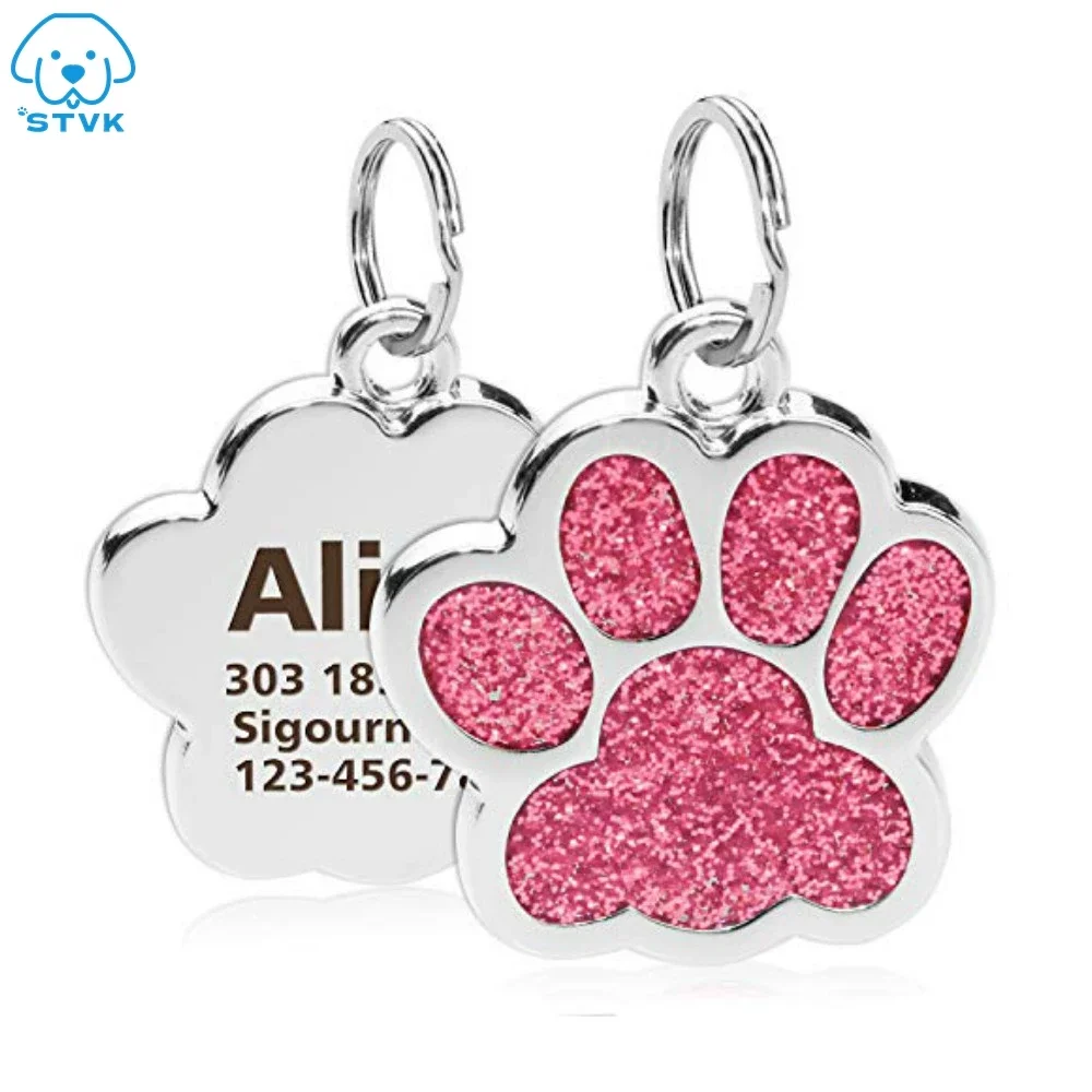 Pet ID Tags Dog Cat Tags Engraved Collar Tag Pendant Paw Glitter Accessories
