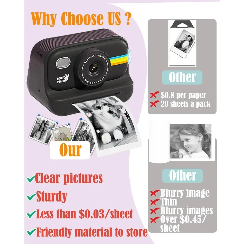 Kids Camera Paper Roll,12 Rolls for Kids Instant Camera Refill Print Paper,HD Printing Set Portable Paper Film Camera,No-Sticky