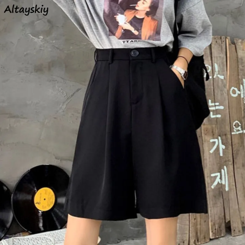 

Korean Style Shorts for Women Fashion Loose Black Solid Simple Zipper Summer Clothing All-match College Students Young Leisure