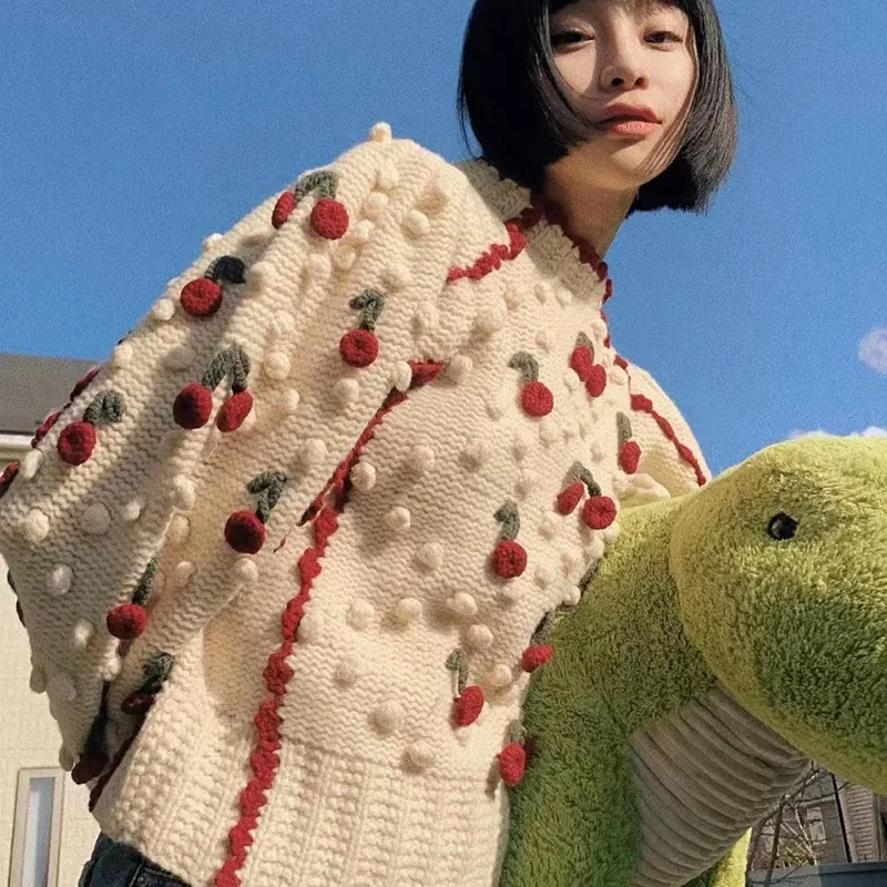 

Fall Winter New Women Sweater Handmade Crochet Three-Dimensional Cherry Sweet Puff Sleeve Knitted Pullover Tops
