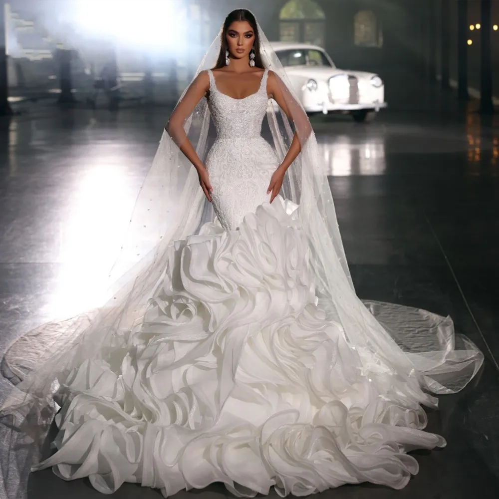 

Beading Embroidery Lace Mermaid Wedding Dress Luxury Spaghetti Straps Tiered Organza Bridal Gowns 2023 Vestidos De Noiva