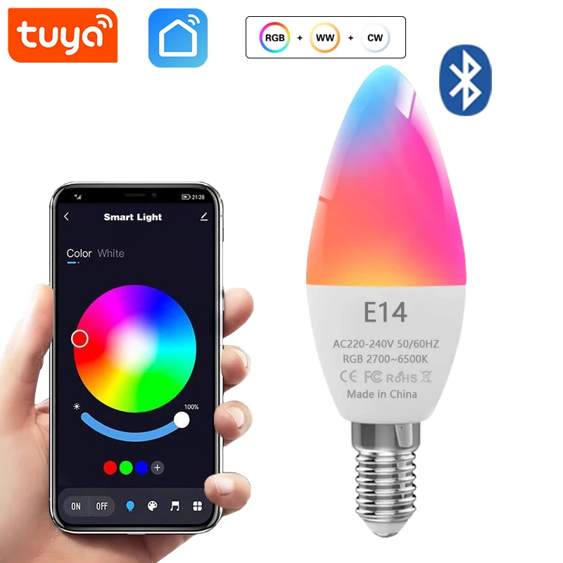 Tuya-E14 Smart Candle Bulbs, Bluetooth  LED Light, Crystal Bulbs, App Control, RGB, 220V, Dimmable, Smart Life Room, Home Group