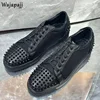 Stylish Rivet Round Toe Men's Lace Up Shoes Spring Autumn Comfortable Flat Heel Breathable Male Black Casual Single Shoes 1