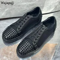 Stylish Rivet Round Toe Men's Lace Up Shoes Spring Autumn Comfortable Flat Heel Breathable Male Black Casual Single Shoes 1