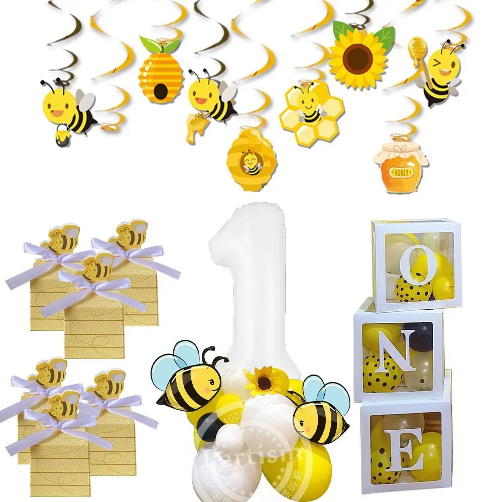 

Honey Bee Themed Paper Candy Box Confetti Banner Cake Toppers for Kids 1st Bee Themed Happy Birthday Party Decoration Supplies