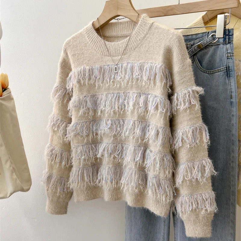 

Tassel Retro Women Pullover Sweater 2023 Autumn/Winter Korean Chic Fashion Style Long Sleeve Tops Free Shipping Dropshipping W28